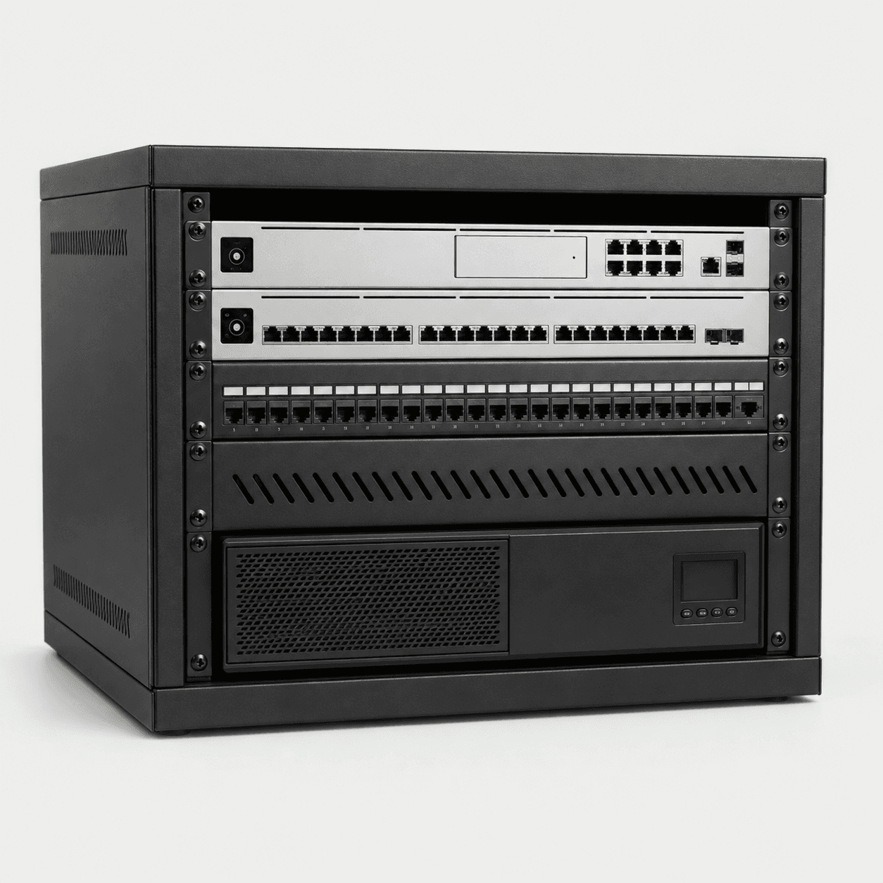 Studio render of a small-business rack with a silver gateway and managed switch, patch panel, and power protection, fastened to rack rails.
